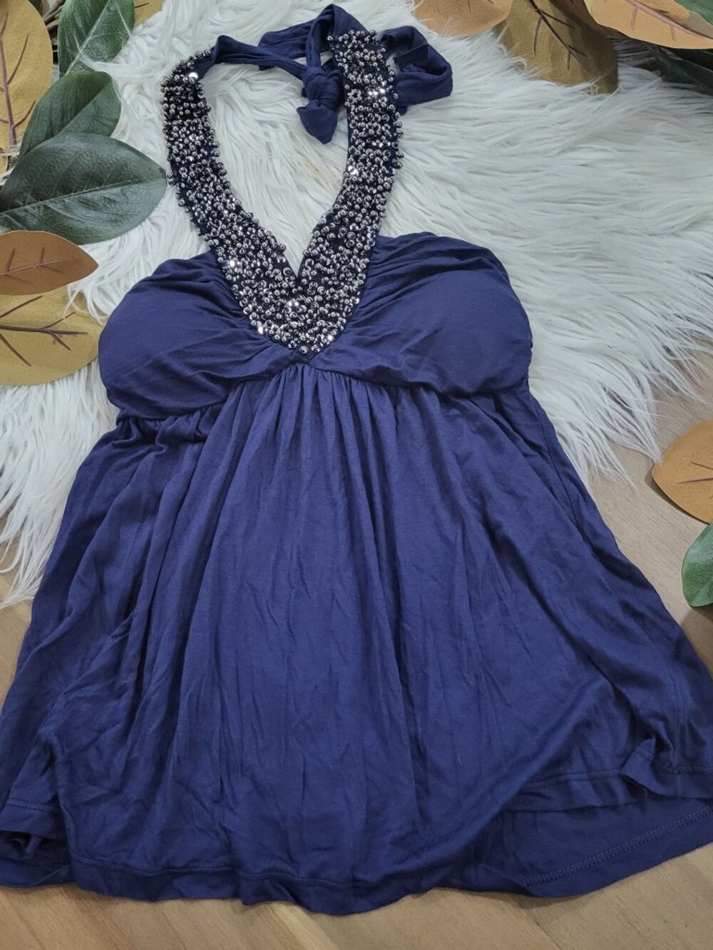 Sis Sis Navy Beaded Halter Babydoll Top Y2K Boho Festival Whimsigoth Size small
